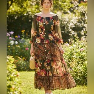 Floral Paisley Off-Shoulder Maxi Dress Figueroa E flowers
